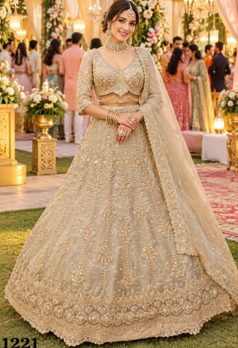 Beads, Embroidered and Zari Work Fancy Fabric Lehenga Choli In Cream for Engagement